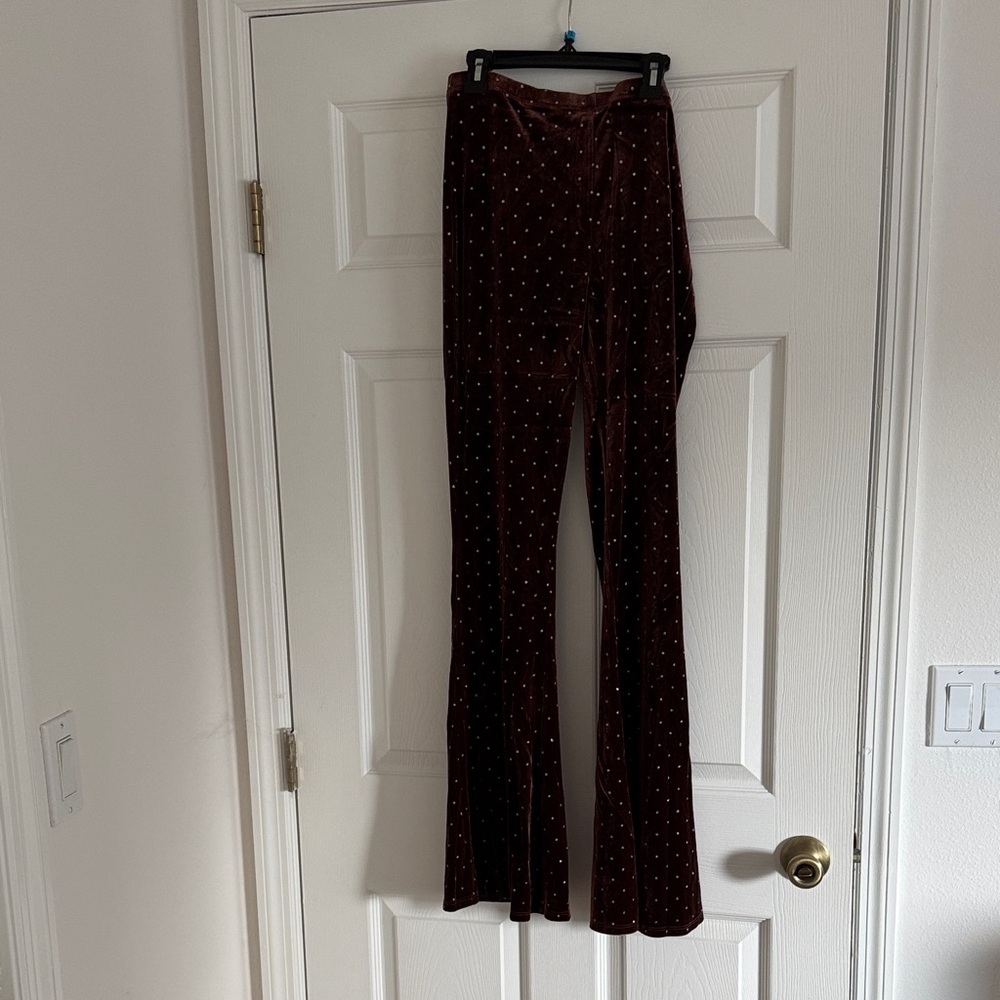 Brown Velvet Polka Dot Flare Pants